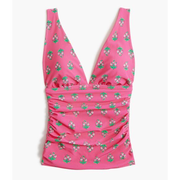 J.Crew Ruched Plunge Tankini Top SZ S Pink Floral Print Adjustable Straps Lined - Picture 4 of 10